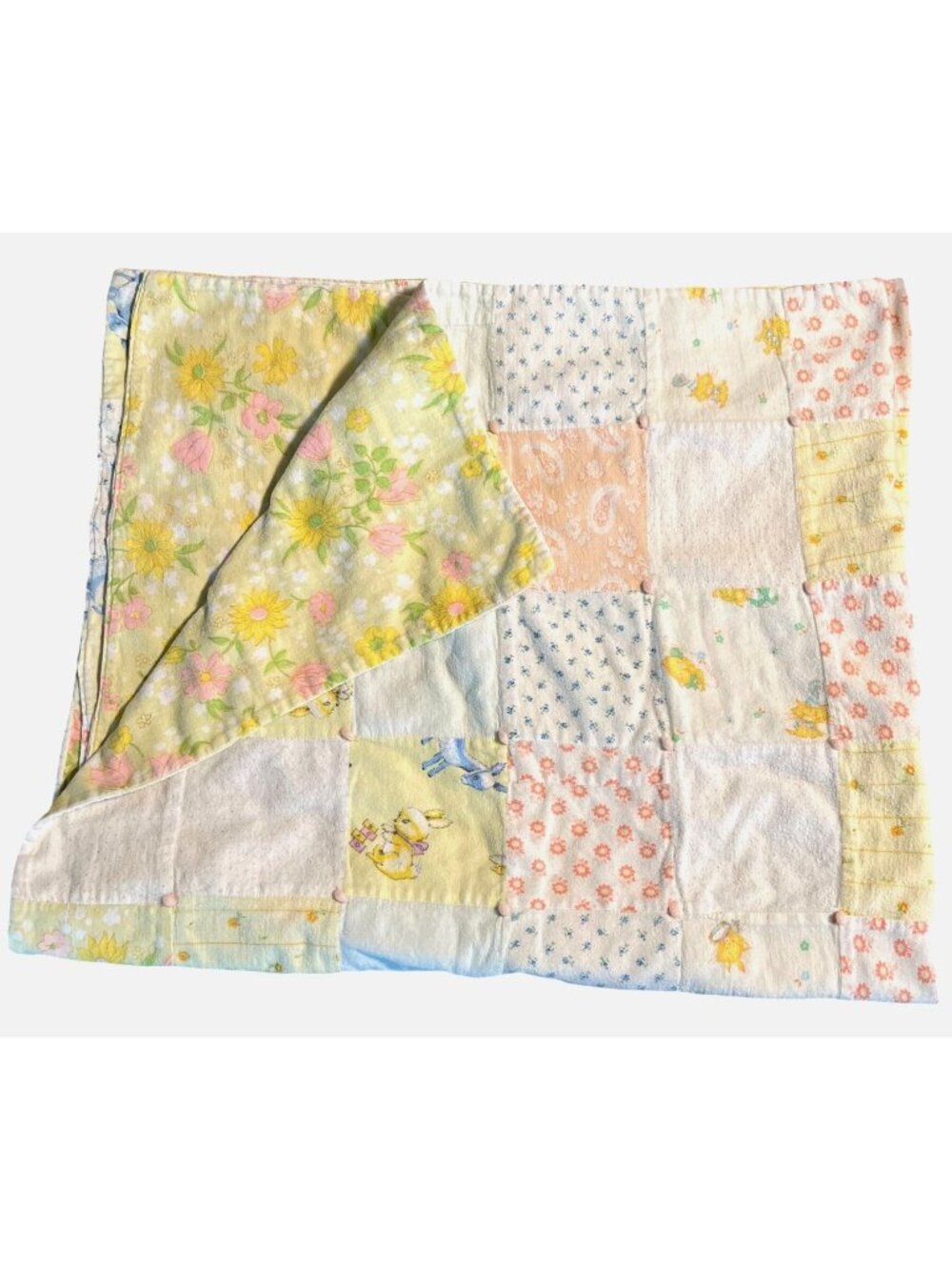 VTG Handmade Patchwork Baby Blanket Flannel Pastel Retro Animals Floral 34 x 40
